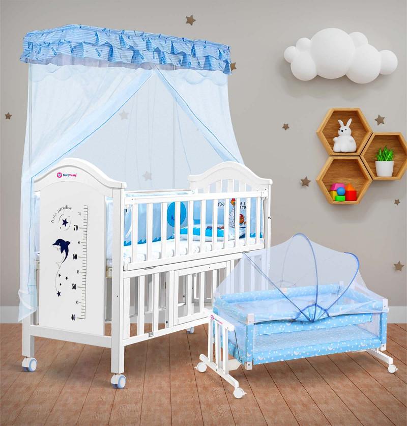 Baby Bed Cot - Crib- with Swing Cradle - White -With Mosquito Net Side Bedding and Adjustable stand -Complete Baby Nursery set