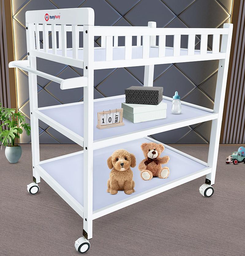 Baby Diaper Changing Table Trolley with Shelves and Safety Locks enabled Wheels - White