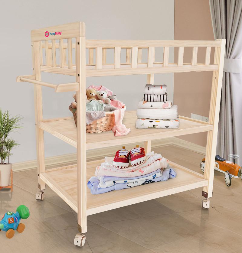 Baby Diaper Changing Table Trolley with Shelves and Safety Locks enabled Wheels - Tan Brown