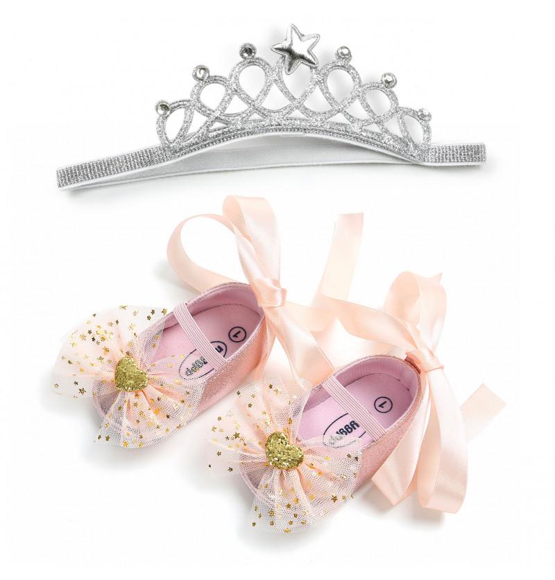 Baby Girl Princess Tiara Head Band and Shoes Combo Set Newborn - Silver and Pink