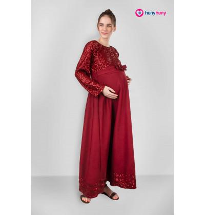 maternity pregnancy gown dress full sleeves wine color maroon