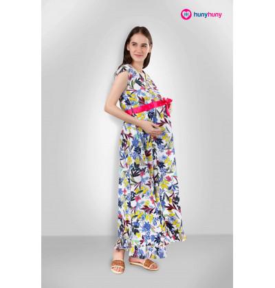 pregnancy dress gown maternity photoshoot baby shower party office flower print white