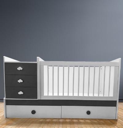 modern crib white and grey with cloud drawer knobs