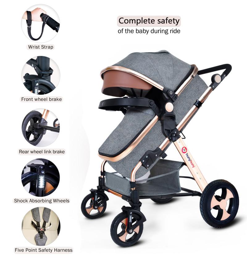 foldable stroller along with safety harness front wheel brake wrist strap