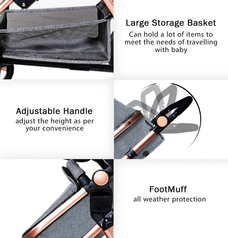 foldable pram with large storage basket foot muff all direction rotatable parent handle bar