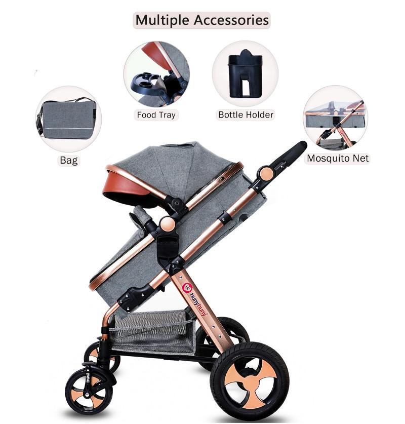 compact stroller with all accessories bottle holder mom bag mosquito net and food tray