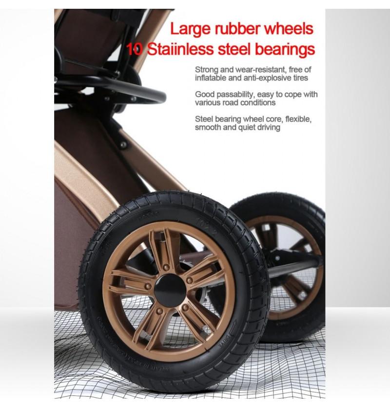 twins pram having large rubber wheels and rust proof stainless stroller frame and bearings