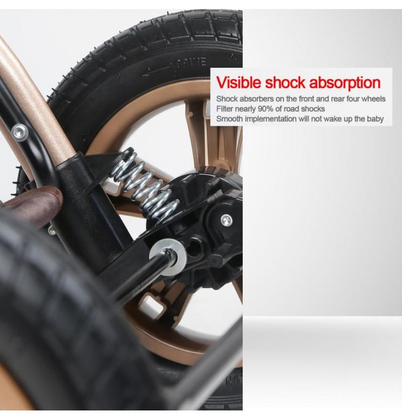 double stroller shock absorption system on the wheels both front and back