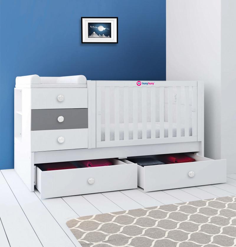 crib bed with multiple chest of drawers