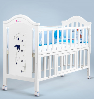 newborn bed with beautiful cartoon sticker and storage