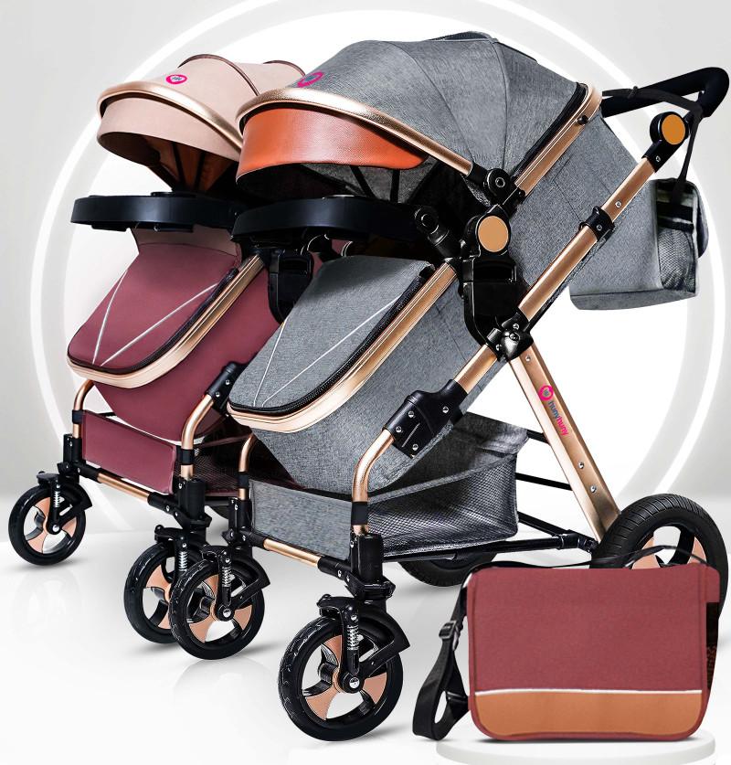 Twins Stroller Pram Detachable - Khakhi & Grey -Luxury Stroller