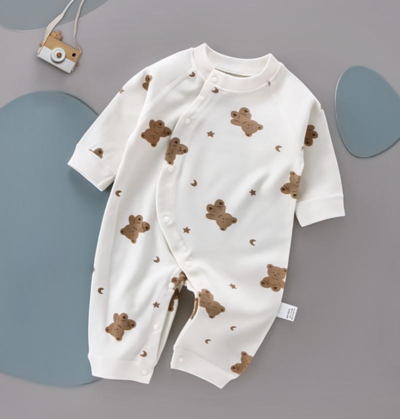 Cute Teddy Print Full Sleeves Full Length Rompers for Newborns and Infants - Brown & White
